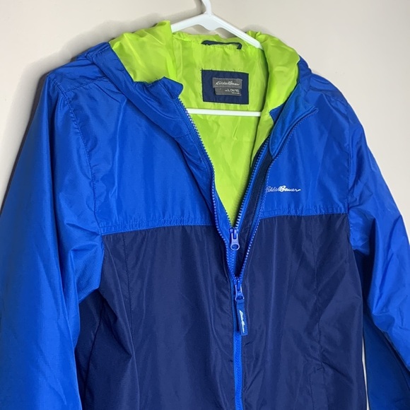 Eddie Bauer Hooded Light Fall Jacket Blue Double Zipper Rain Coat Kids L 14/16 - Picture 3 of 16